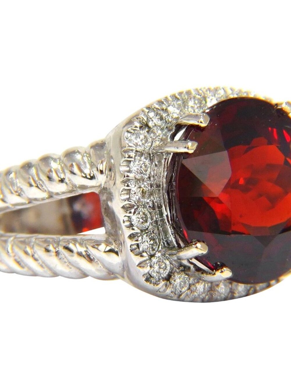 13.12CT NATURAL SPESSARTITE GARNET DIAMONDS RING VIVID RED 14KT ROPE TWIST*